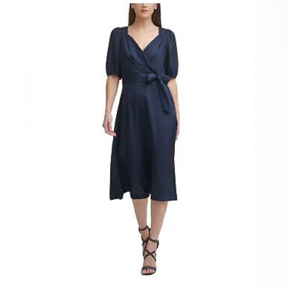 6-DKNY Womens Navy Self-tie Belt Pouf Sleeve Below The Knee Fit + Flare Dress 10